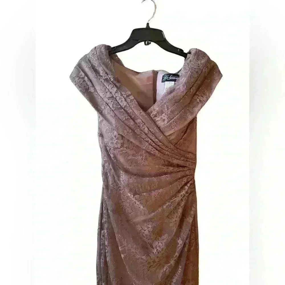 NEW La Femme Lace Overlay rhinestone off shoulder cap sleeve cocoa dress gown 2 - Picture 5 of 12